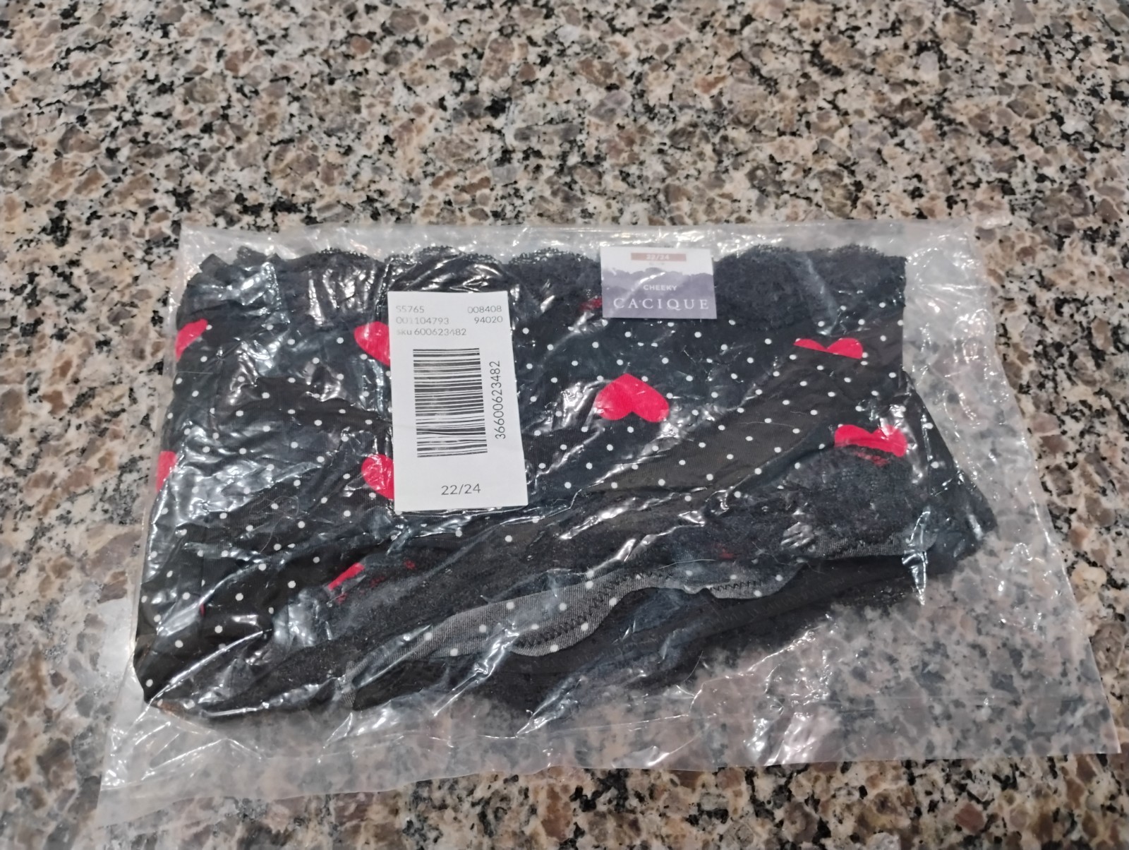 CACIQUE CHEEKY PANTY SIZE 22/24 BLACK POLKA DOTS WITH RED HEARTS NIP