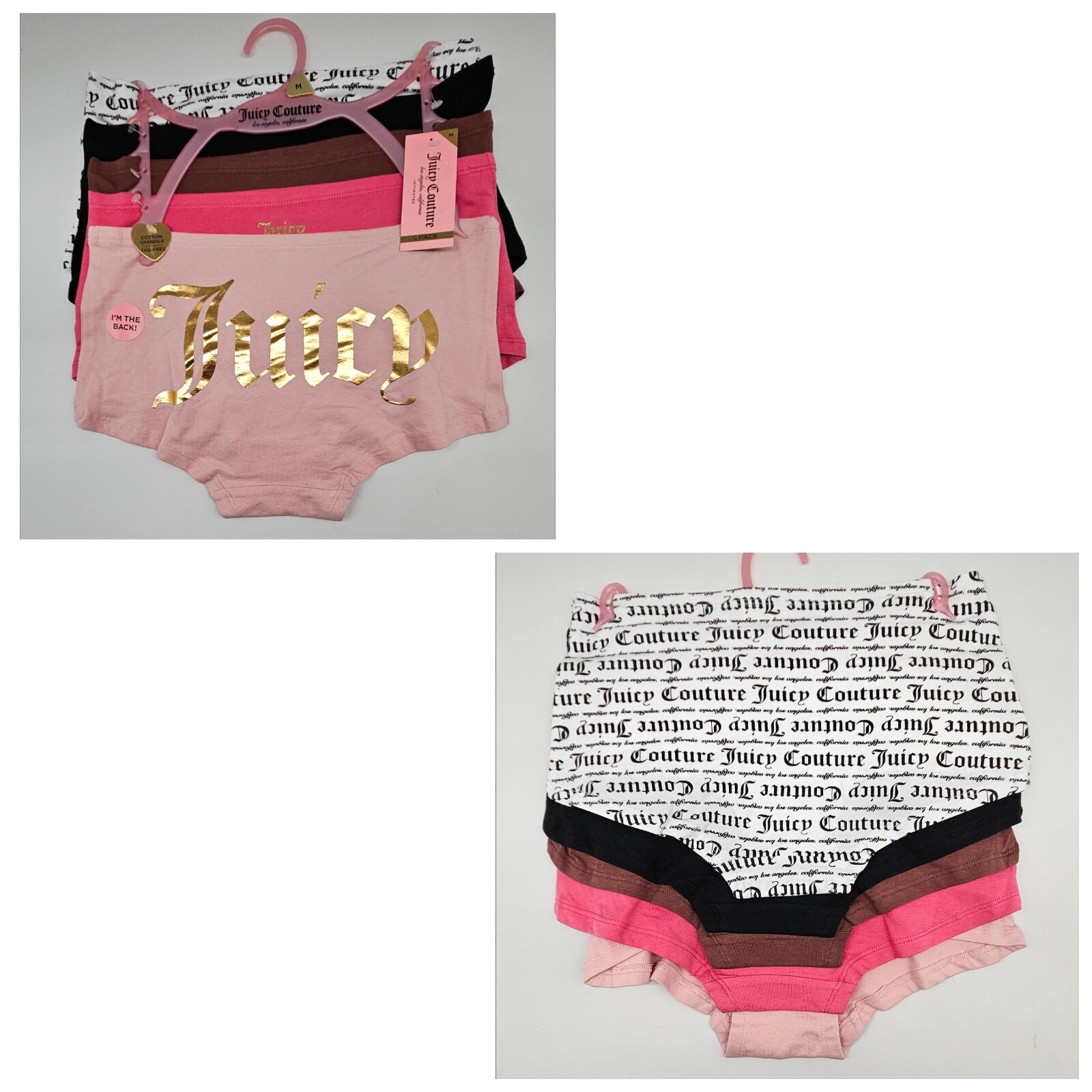 JUICY COUTURE 5 Pk Women M L XL Logo Cotton Panties White Black Brown Mauve Pink
