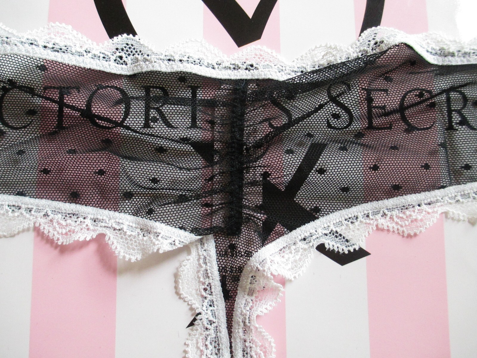 VICTORIA’S SECRET DREAM ANGELS Black And White Swiss Dot Mesh Thong Panty VS XL