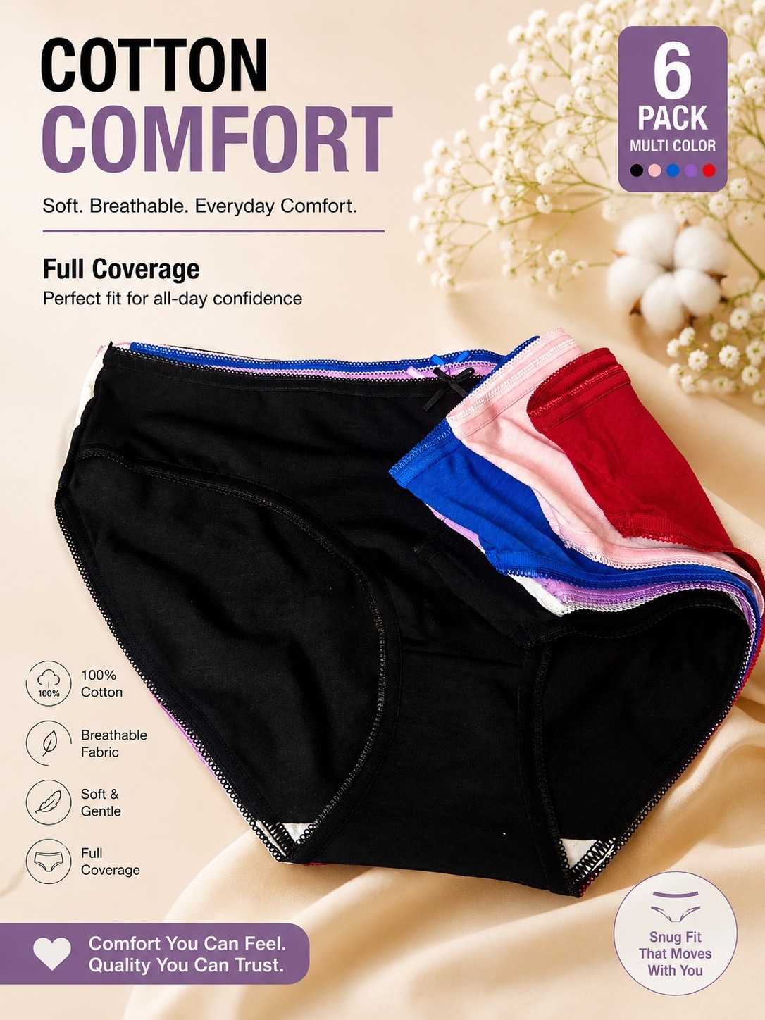 Women’s 6-Pack Cotton Brief Panties | Soft Breathable Underwear S, M, L, XL