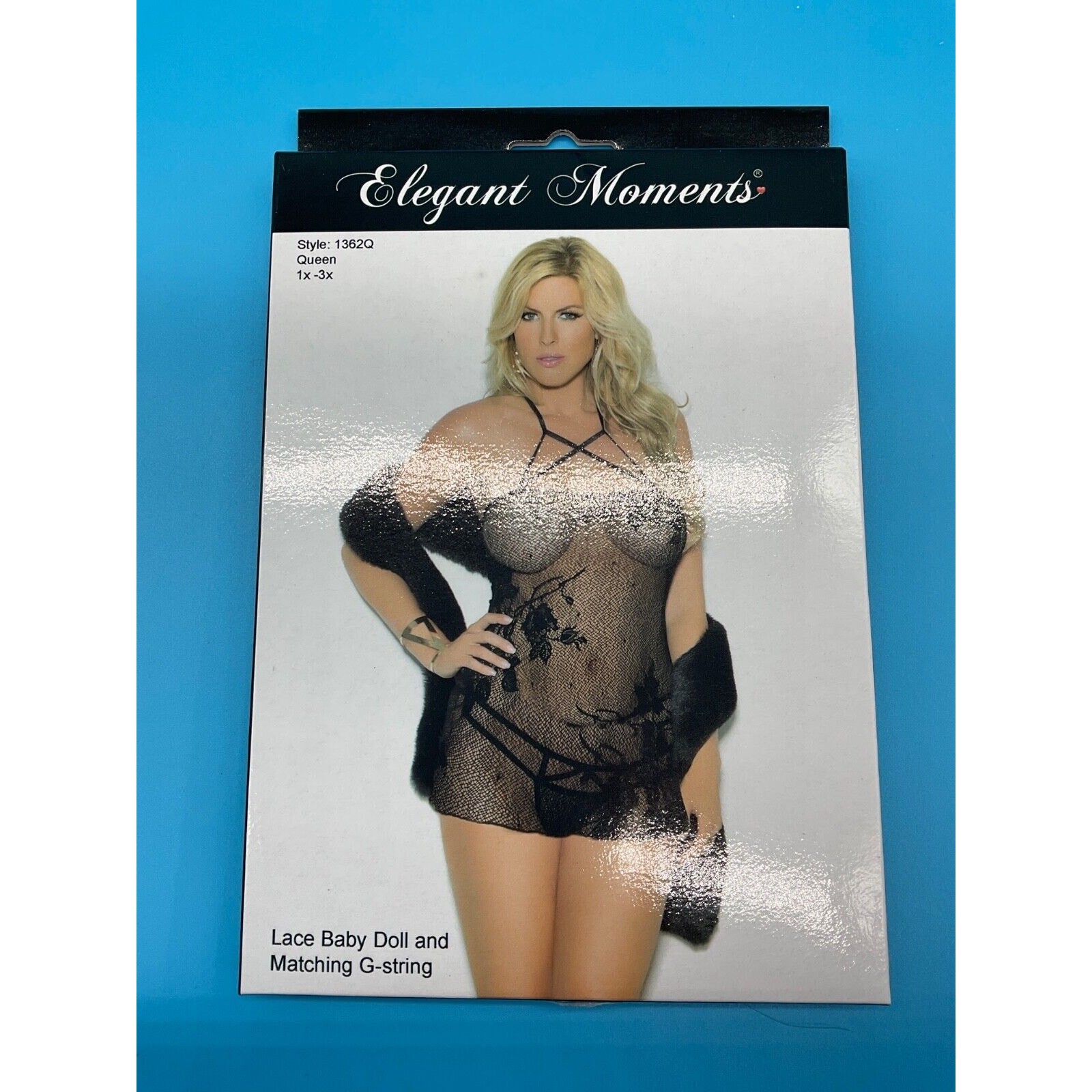 Elegant Moments Black Lace Babydoll Set Style 1362Q Queen Size 1X-3X Lingerie