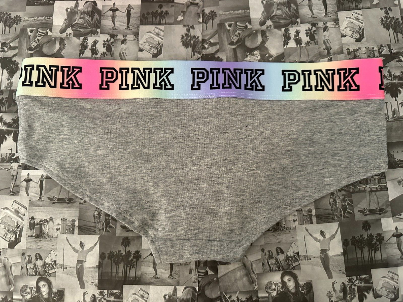 NWT Victoria’s Secret Pink waistband Block logo Hipster panty Heather Charcoal S