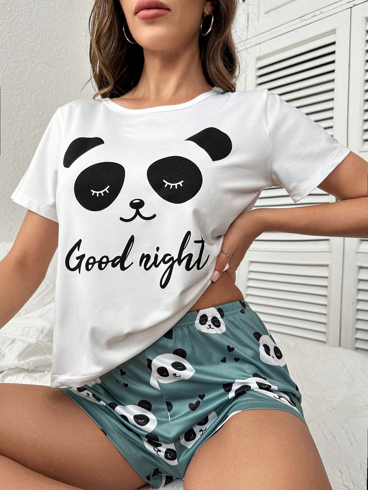 Ladies Comfy Panda & Slogan Graphic T Shirt & Shorts Pyjama Set Cheap24