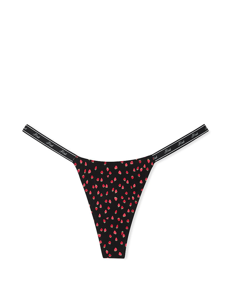 Victoria’s Secret PINK – M Logo Cotton Micro Thong Panty Black Strawberry Medium