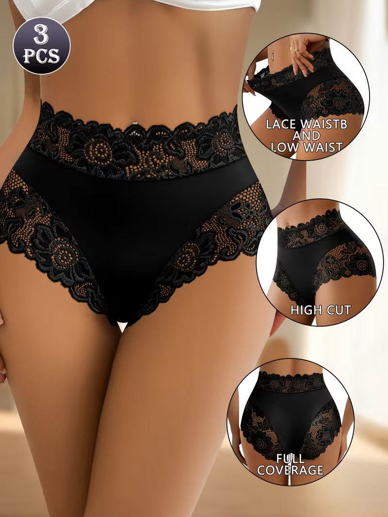 3pcs Set of Solid High-Waist Lace Panel Women’S Underwear black new 10/12 M