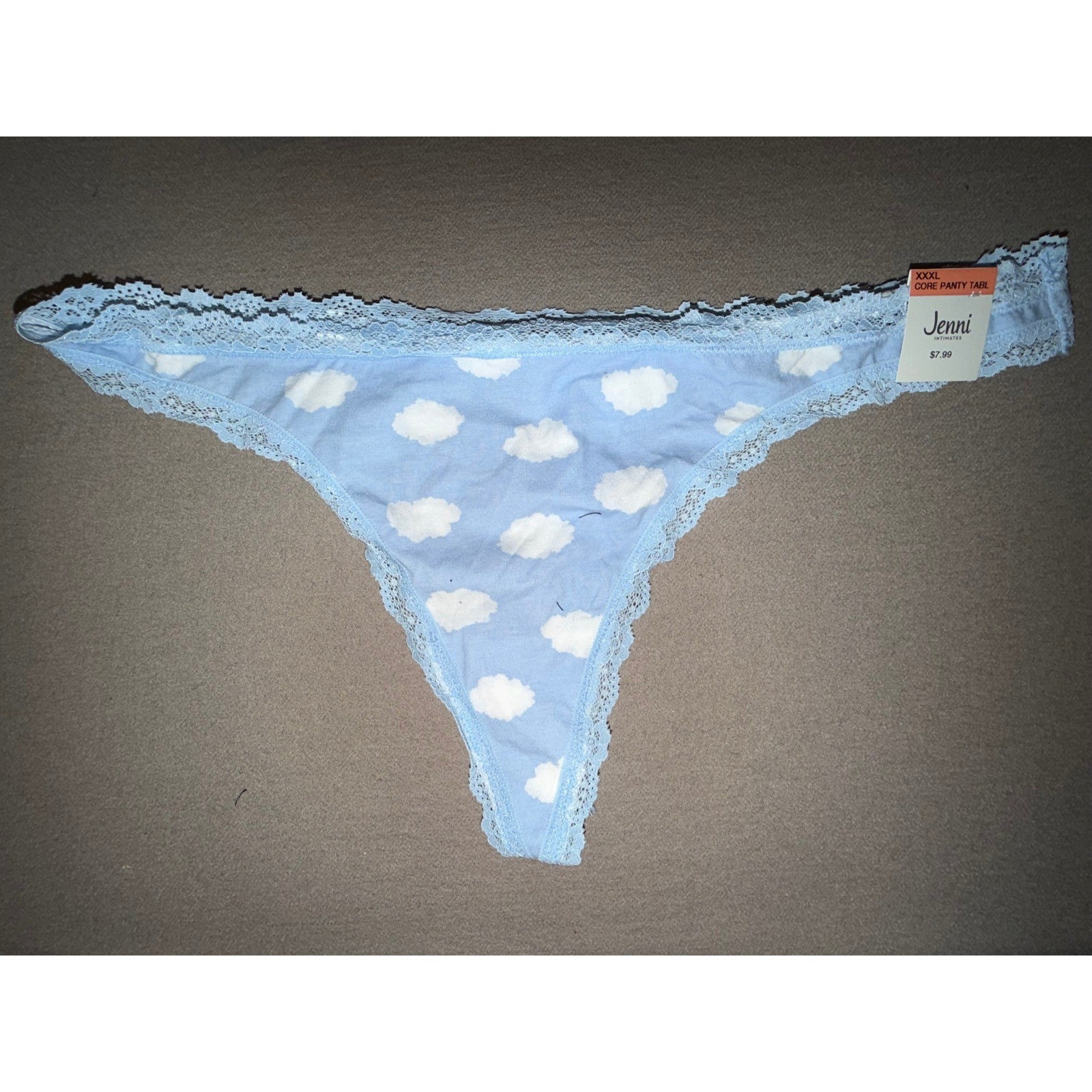 Jenni Intimate Womens Thong Panty 2 Pack Stripe Cloud Print Lace Trim, Size XXXL
