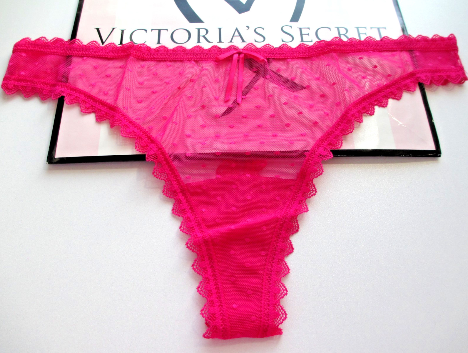 VICTORIA’S SECRET Bow Lace Mesh Dot Thong Panty VS Pop Pink S M L XL Sheer NWT