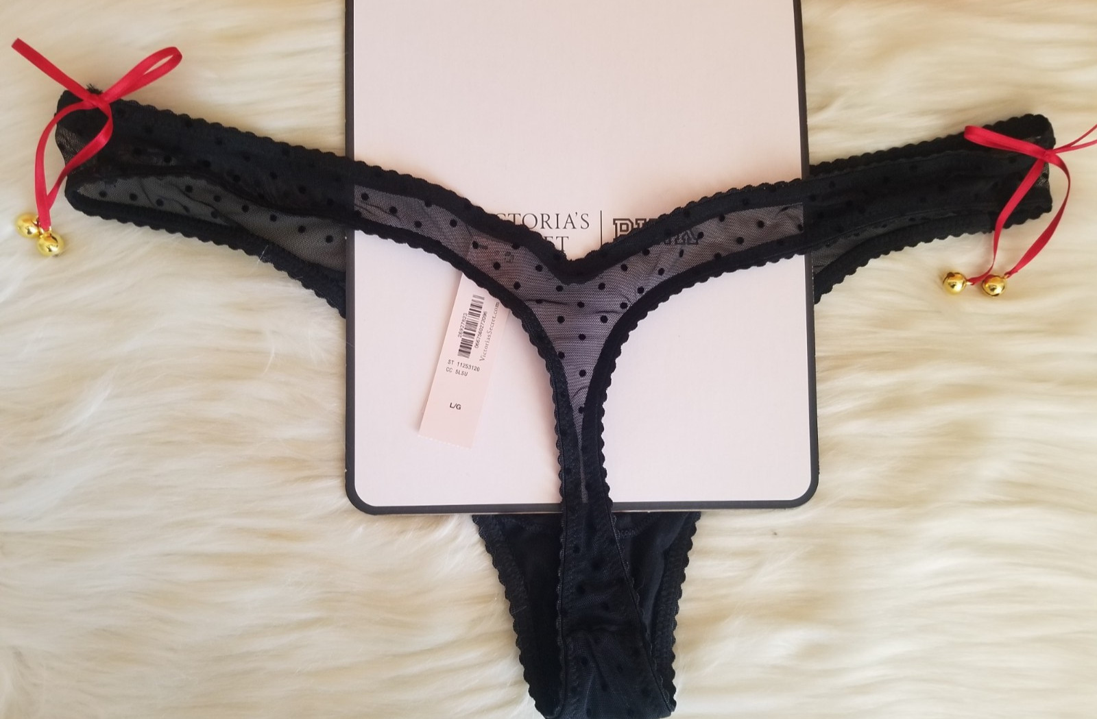 VICTORIA’S SECRET JINGLE BELLS MESH HIGH CUT LEG THONG PANTY LARGE BLACK NWT