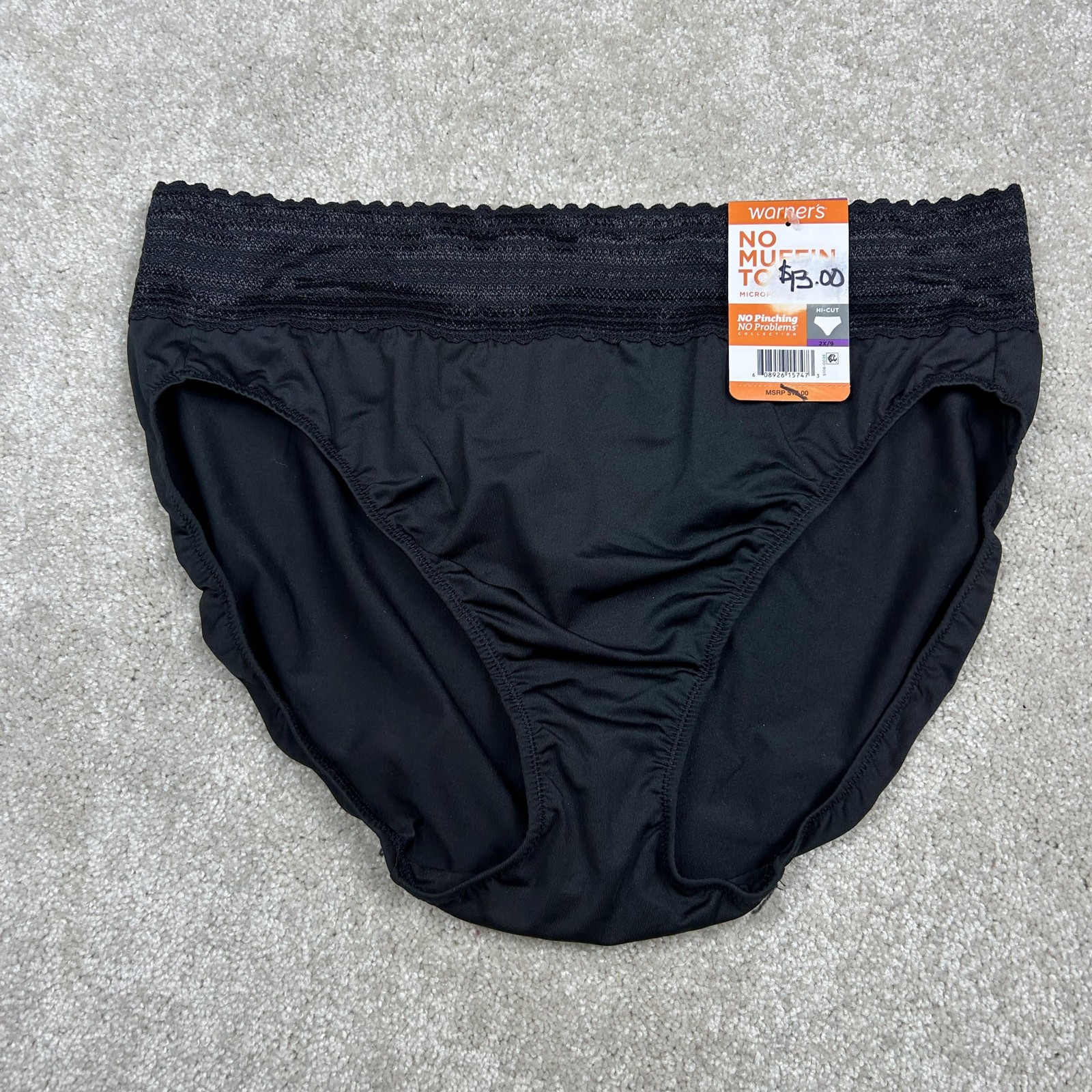 Warners Hi-Cut Briefs Womens 2X Black No Muffin Top Microfiber Lace Underwear