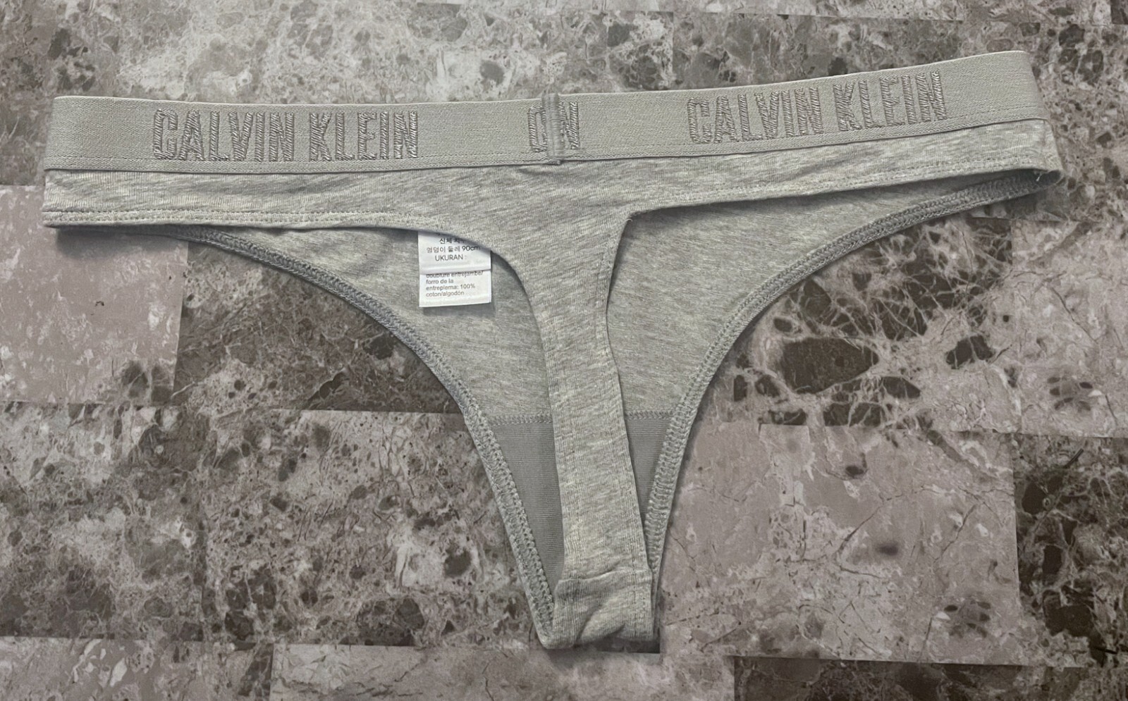 NWOT CALVIN KLEIN HEATHER GRAY EMBROIDERED THICK LOGO WAISTBAND THONG PANTIES