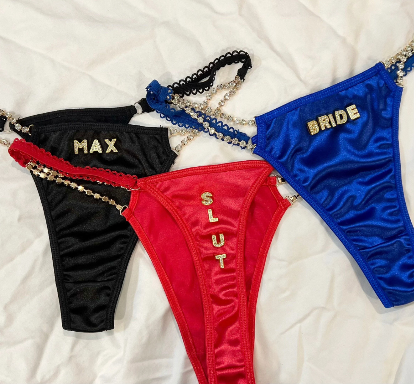 Custom Charm Personalizable Chain Link Thong Panty Blue, Black, Red Favor Gift
