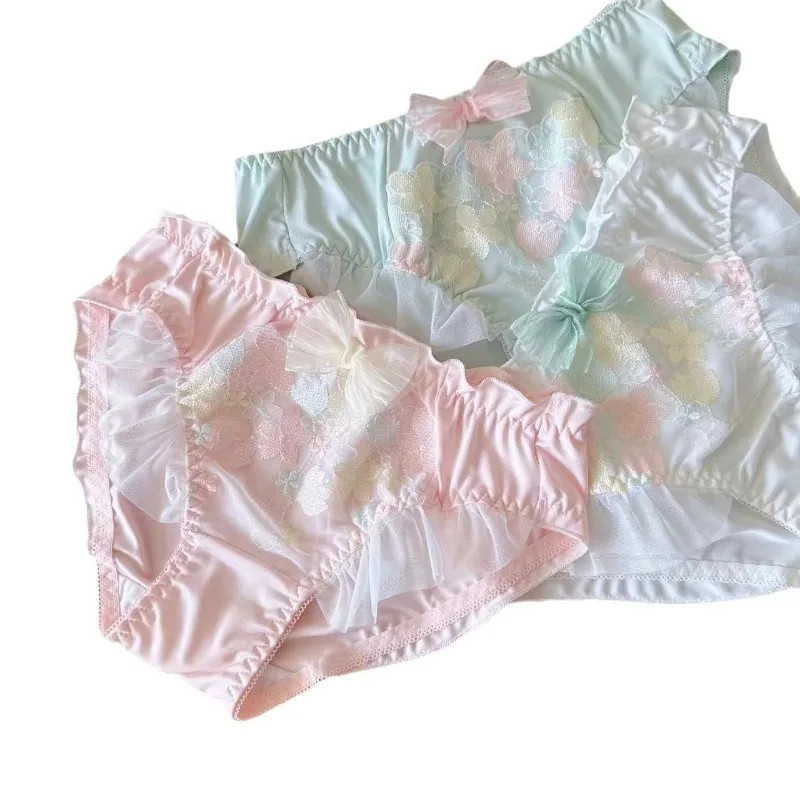 Embroidered Lace Briefs Mid Rise Bow Smooth Breathable Panties Women Soft