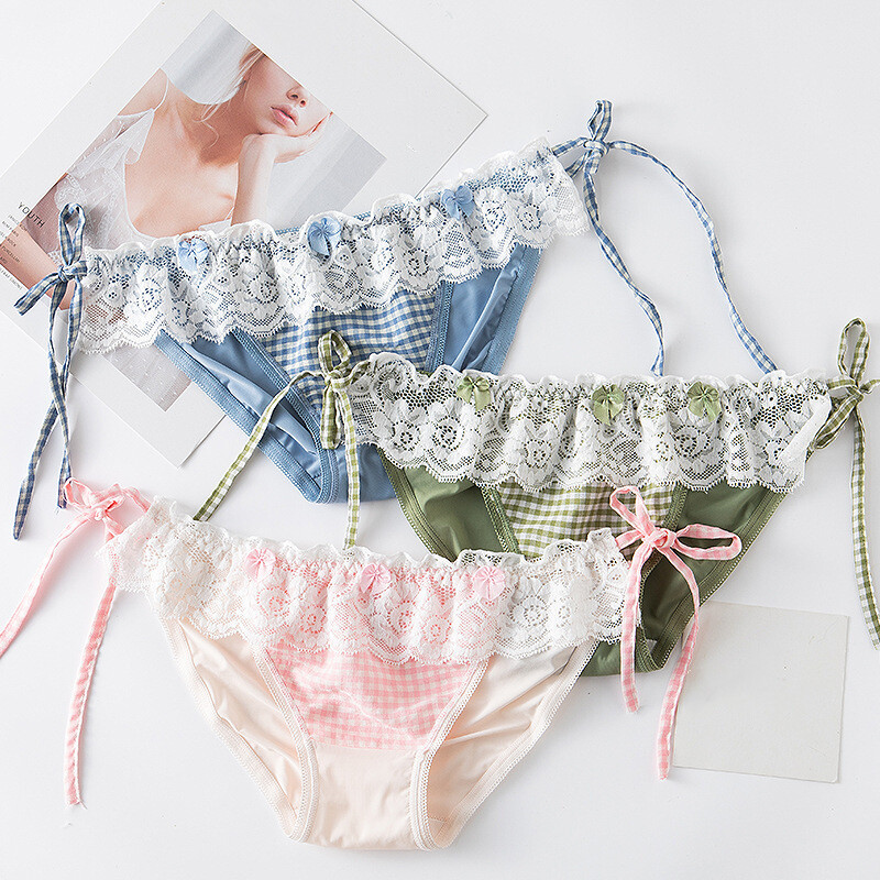 Ladies Check Panties Lace Up Thong Underwear French Knickers Briefs Lolita Cute