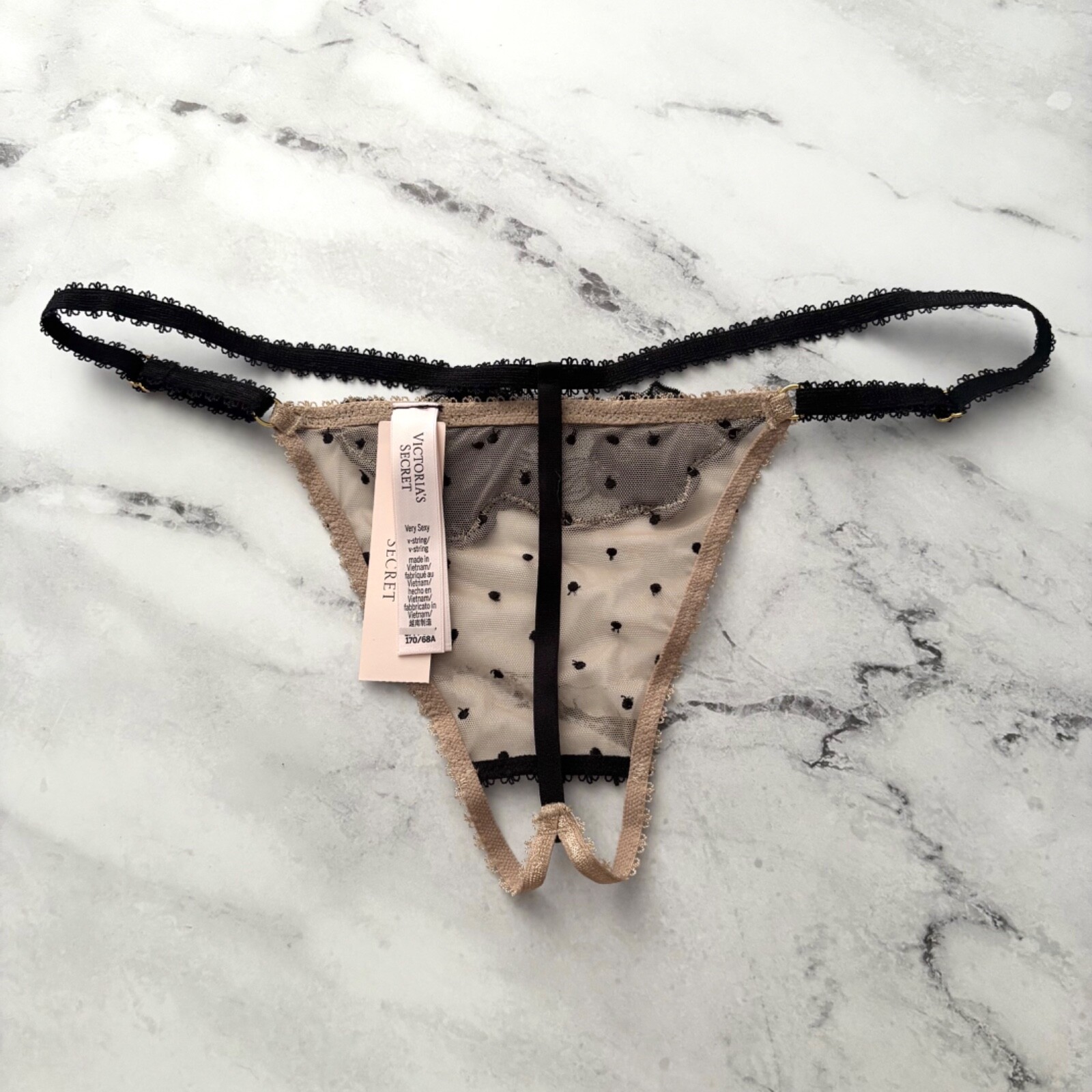 Victoria’s Secret Thong Panty Very Sexy Praline Mesh w/ Black Dot Open L