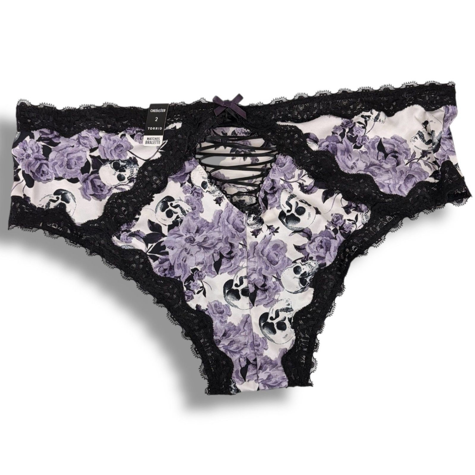 Torrid Size 2 Gothic Purple Rose & Skull Black Lace Hipster Cheekster Panty NEW