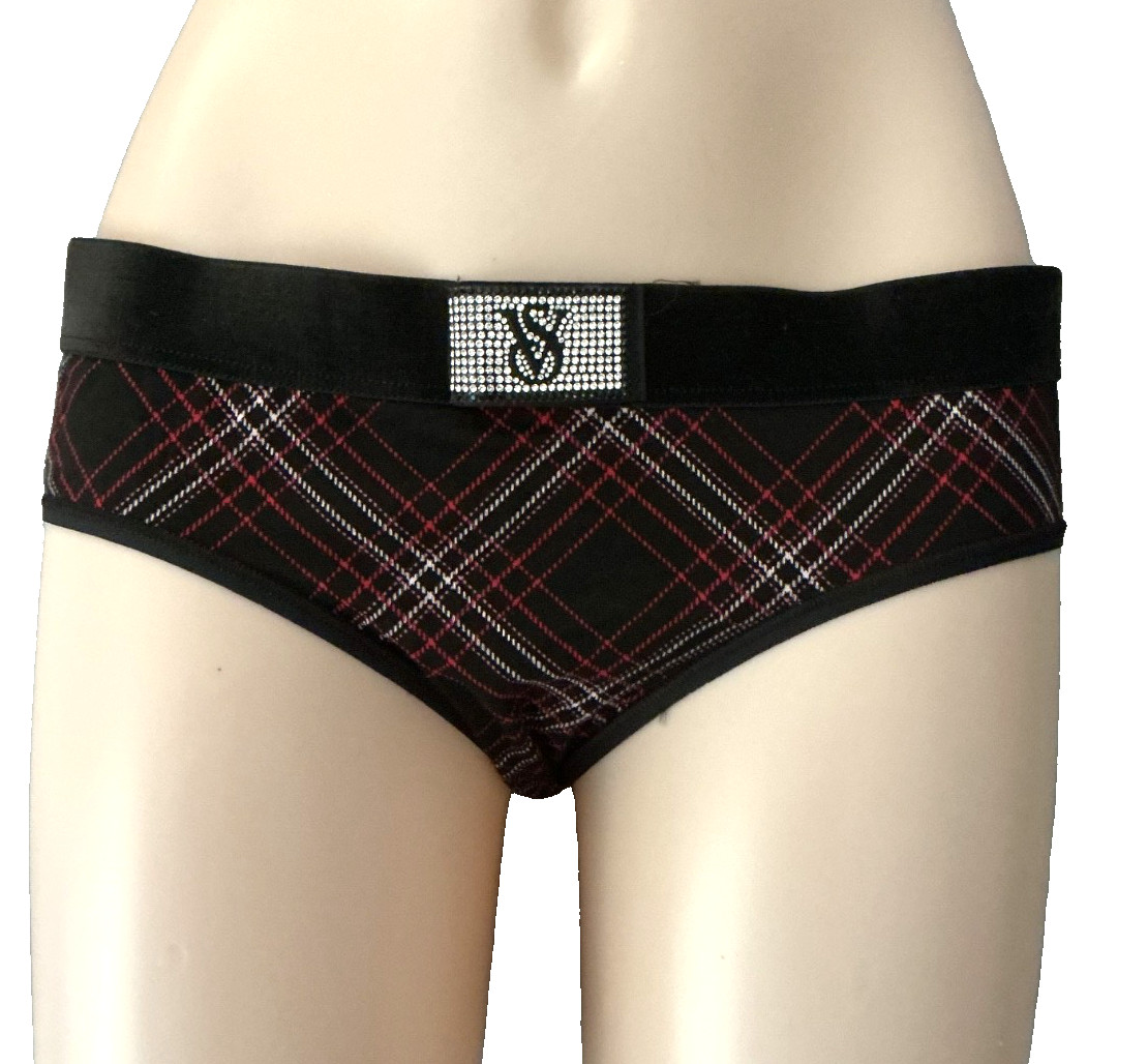 Victoria’s Secret Logo Shine Patch in Plaid Hiphugger Panty Velvet Waistband L