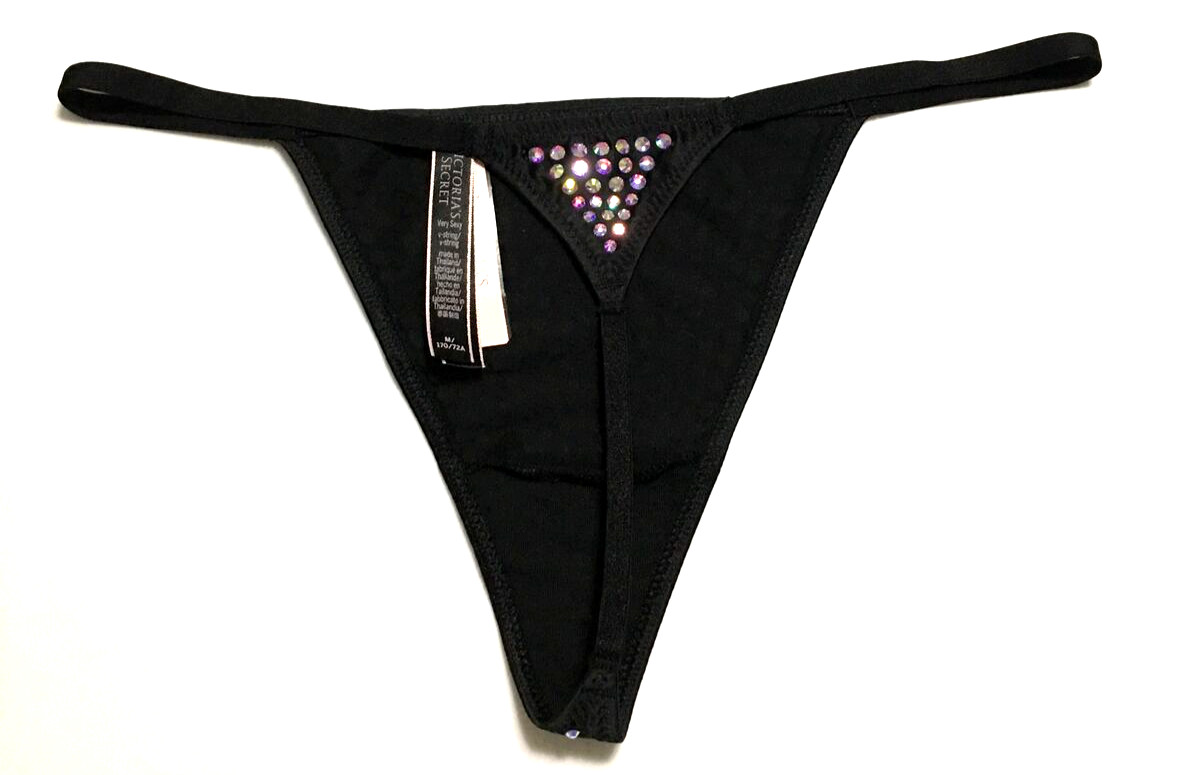 Victorias Secret Very Sexy Black Rhinestones V-String Thong Panty Size M Sparkly