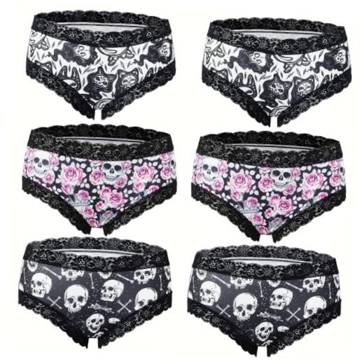 6-Pack Gothic & Cute Cheeky Panties for Women – Skull Lace XX-Large Multicolor