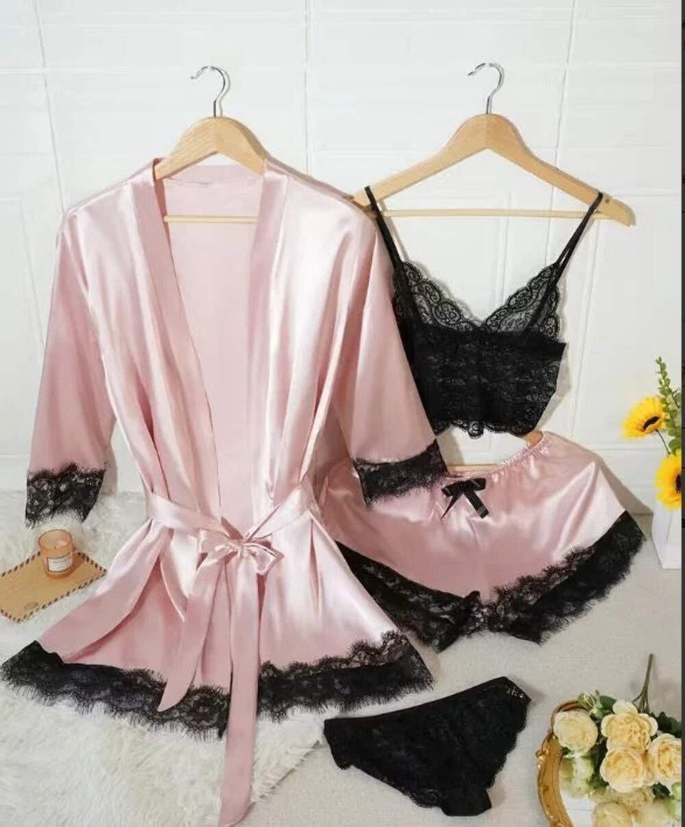 Silky feel baby pink satin black lace trim 4 piece lingerie set size 8 (S)