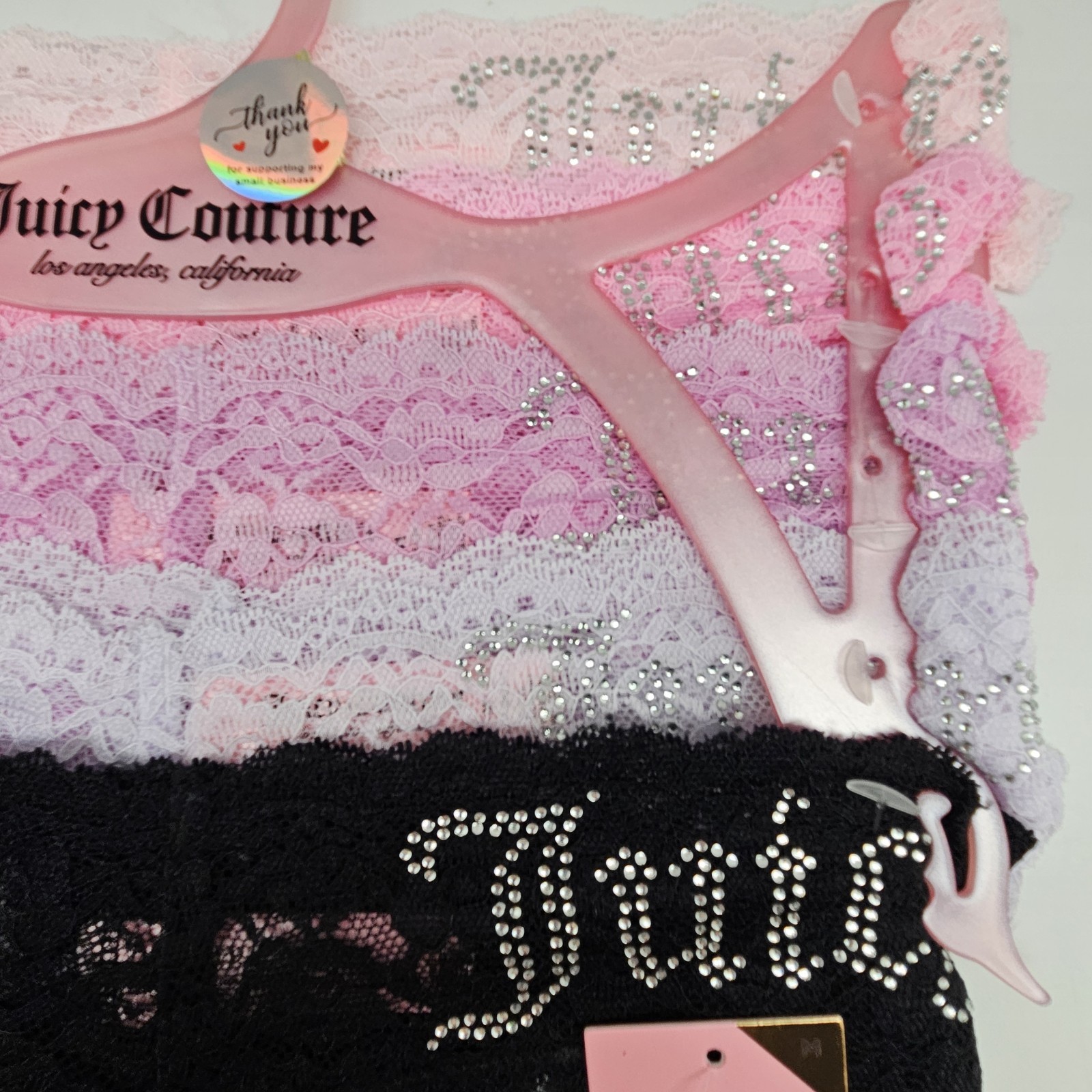 JUICY COUTURE 5 Pack Women’s M L Lace Rhinestone Logo Thong Pink Lilac Black