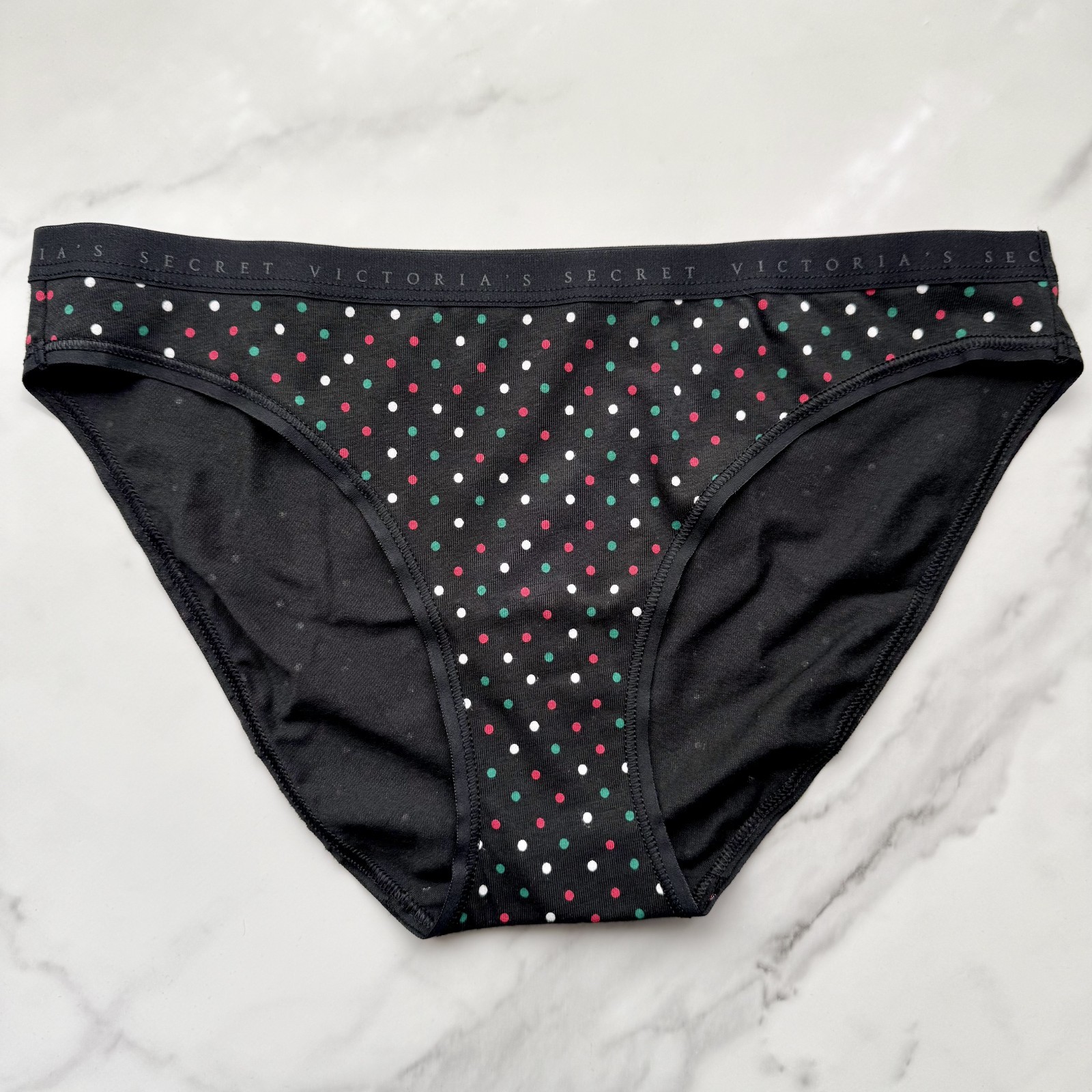 Victoria’s Secret Stretch Cotton Smooth Bikini Panty Black Festive Dots SZ S/M
