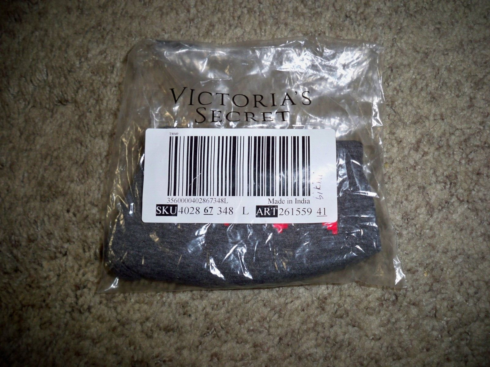 VICTORIAS SECRET BIKINI GRAY RED HEARTS LARGE NEW