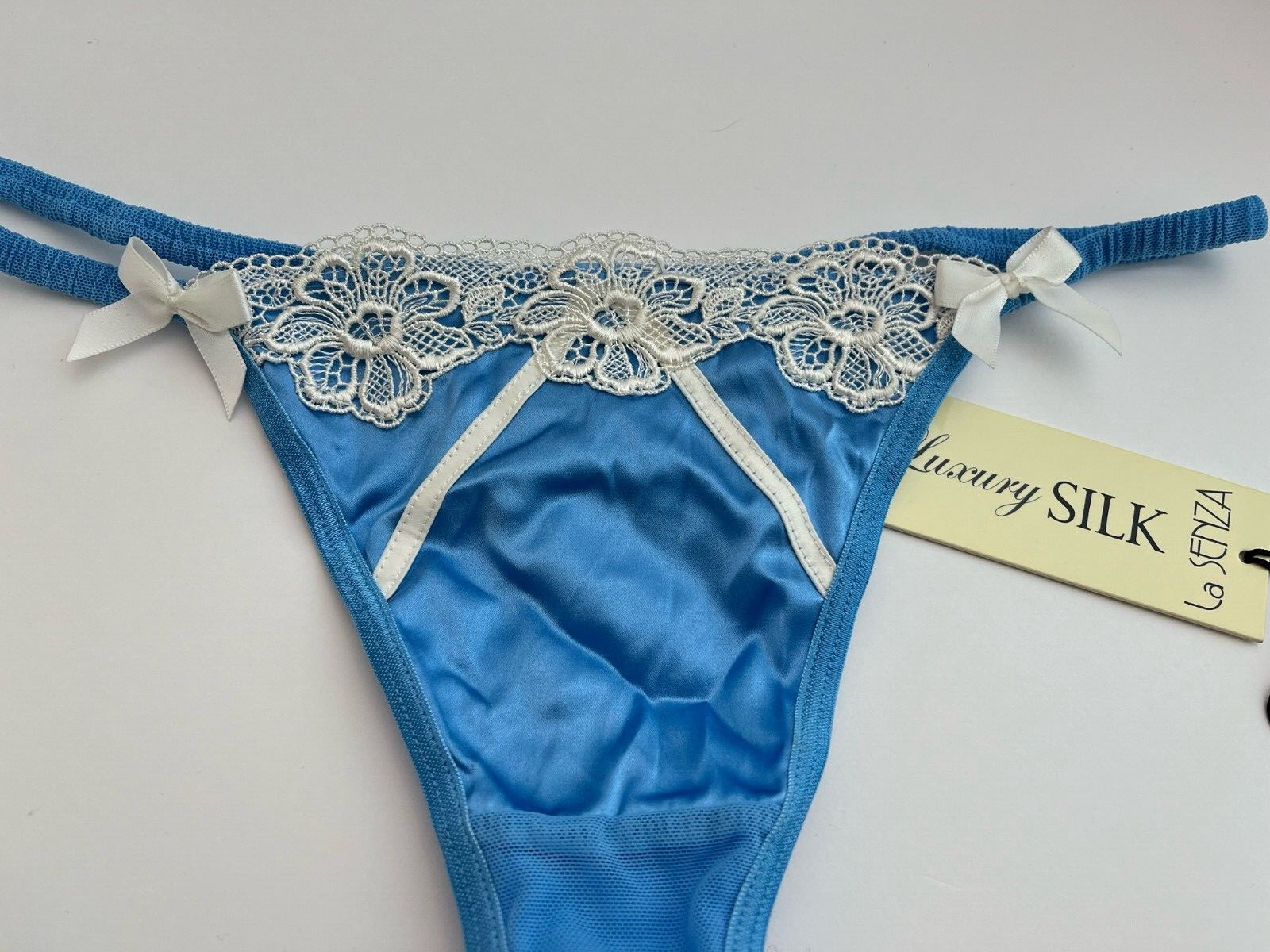 Bnwt La Senza Thong 14 16 18 Georgia Duck Egg Blue Silk Ivory Lace