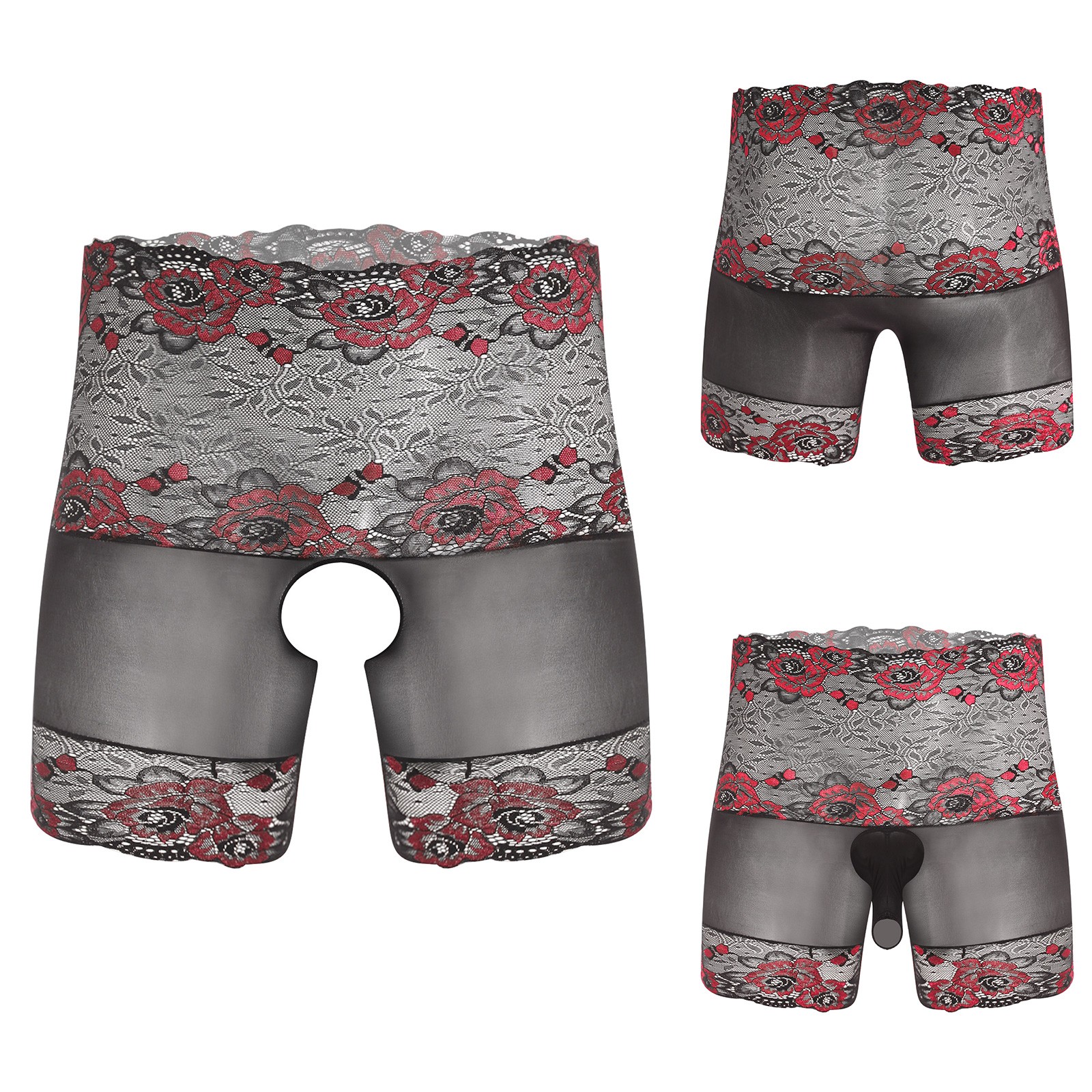 Mens Glossy Sheer Boxer Shorts or Sheath with Opening Floral Lace Trim Underwear