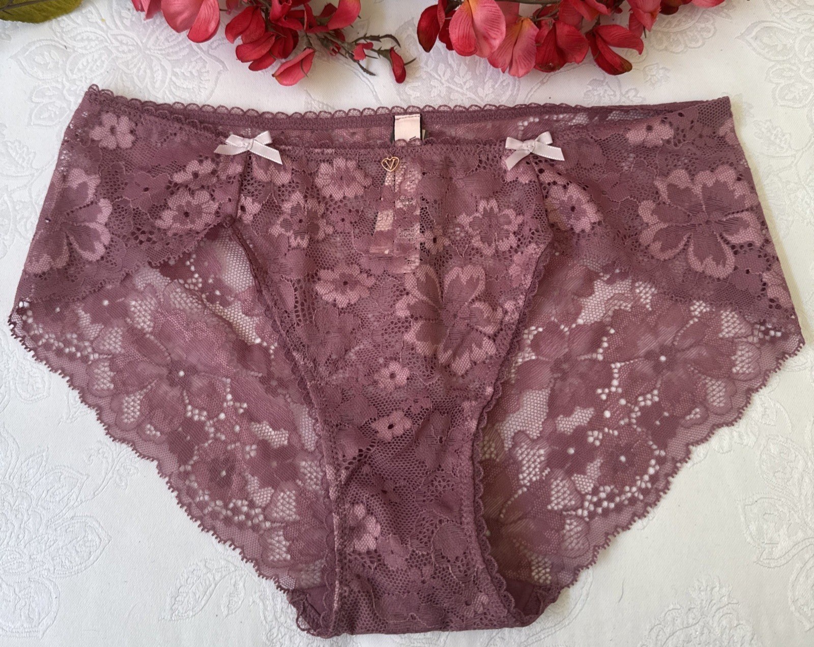 VICTORIA’S SECRET L MAUVE PINK PURPLE HIPSTER HIPHUGGER LACE PANTIES NWT