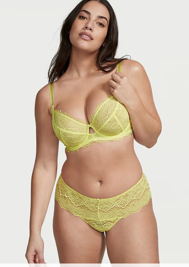 Victoria Secret Dream Angels Floral Lace Hipster Thong Panty (Lemon Citron)-XS