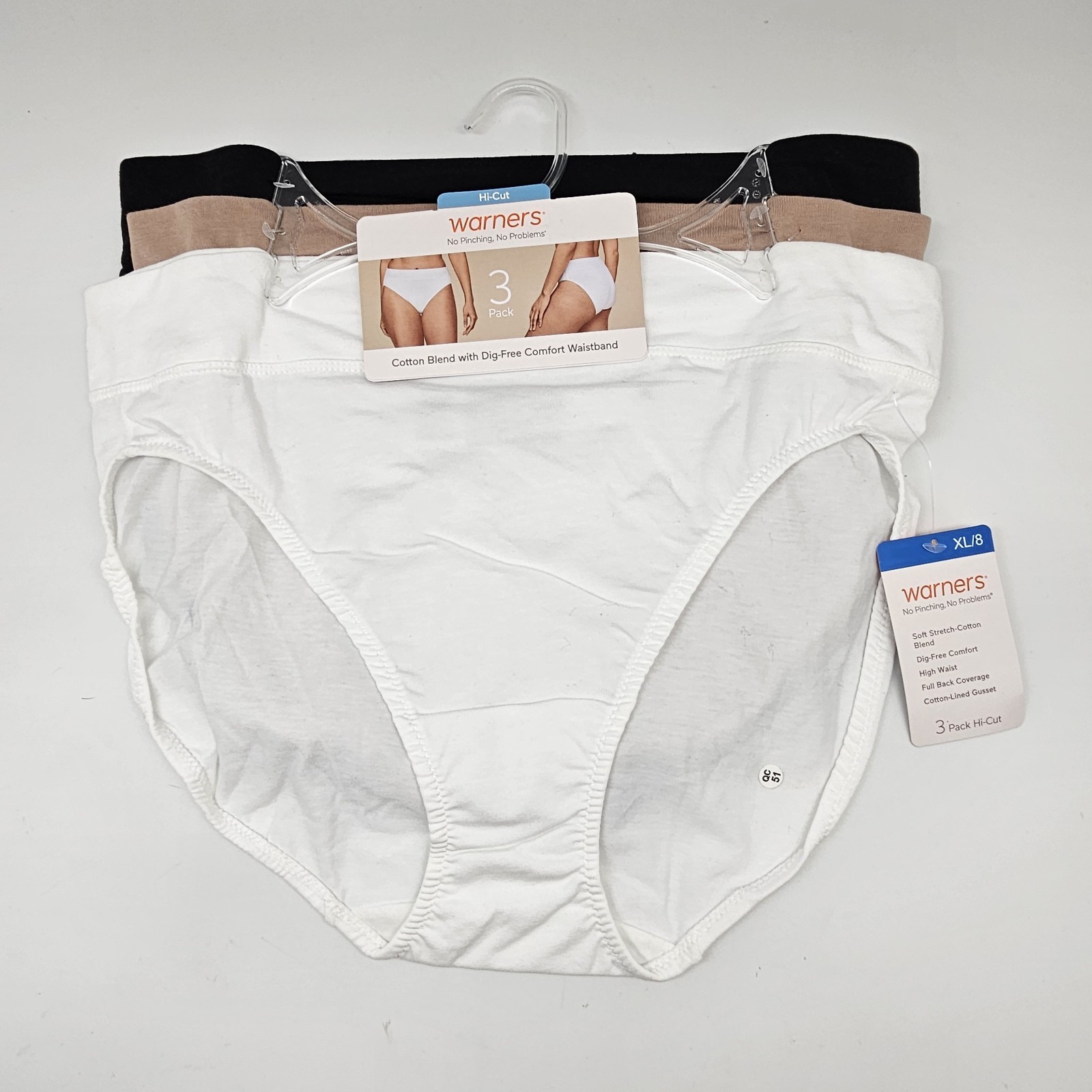 3 Pk WARNERS No Pinching Womens L XL 2XL Cotton Hi Cut Panties Black White Beige