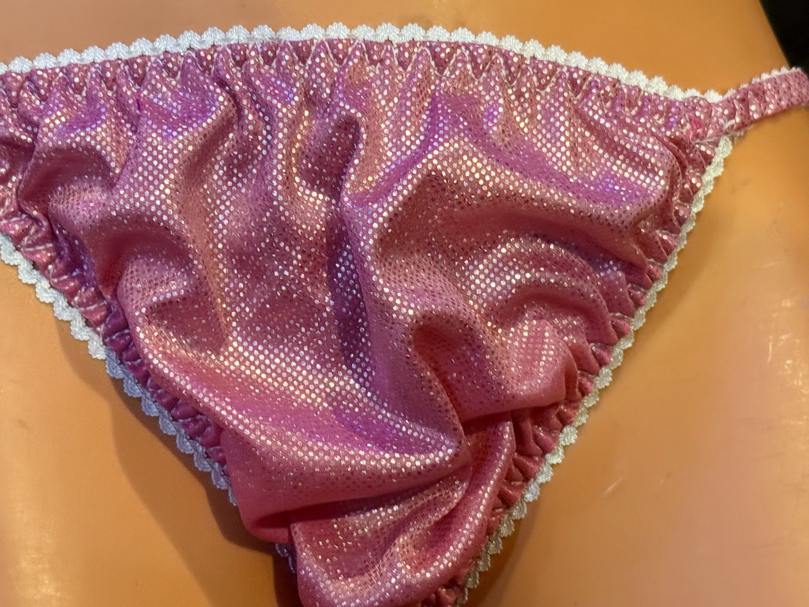VTG pink silver Shiny Sissy Satin String Bikini Panties Large Gusset Pouch Mens