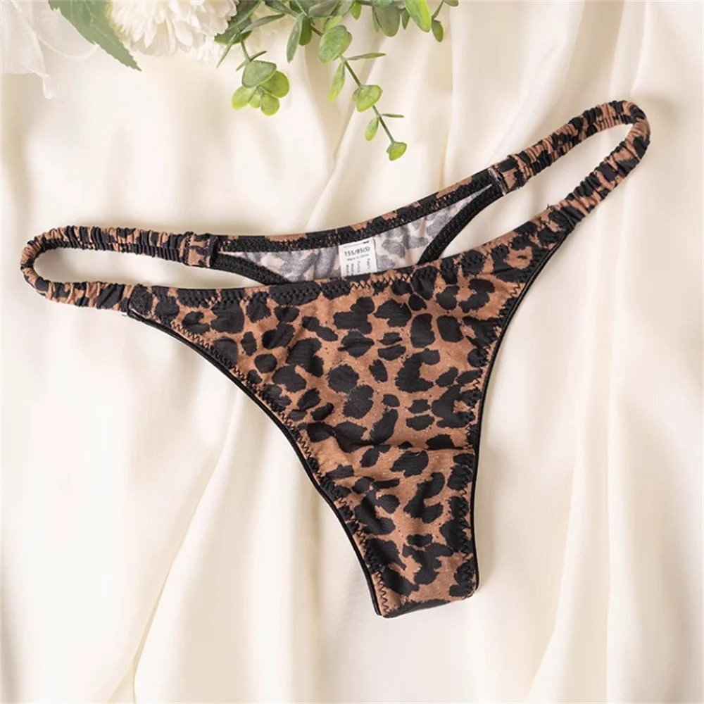 Women Leopard Thong Panties Elastic Strap Sexy G String High Cut Ice Silk Plus