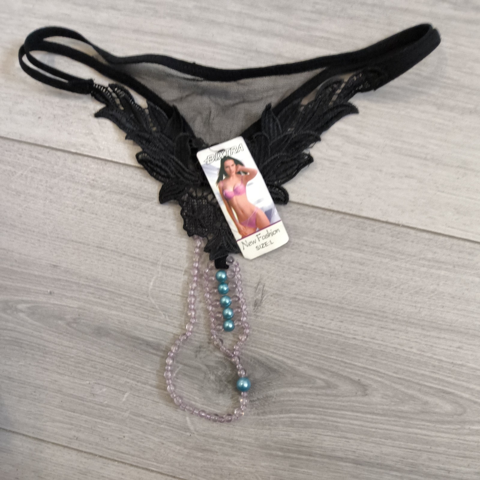 BNWT Bixtra Black Embroidered G String Thong Bead Chain Crotch Size 6-8