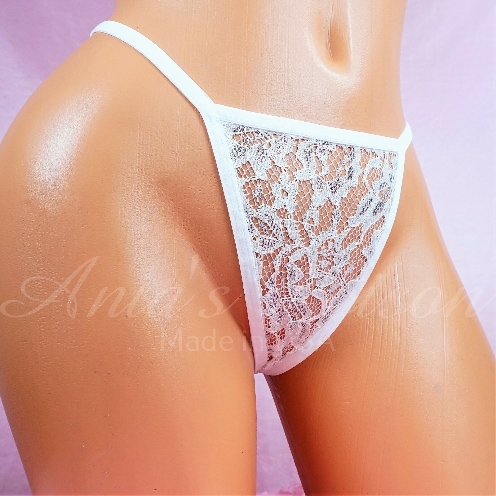 Teeny Tiny White BRIDAL silver sparkle LACE Thong G String Panties V back