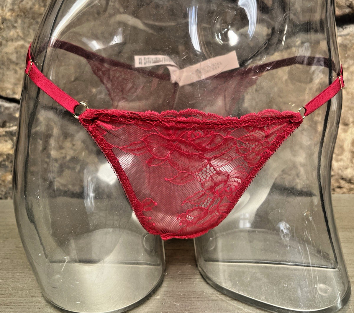 Victoria’s Secret Rose Lace BRAZILIAN Panty AdjustableWaist Sz S RED LACQUER NWT