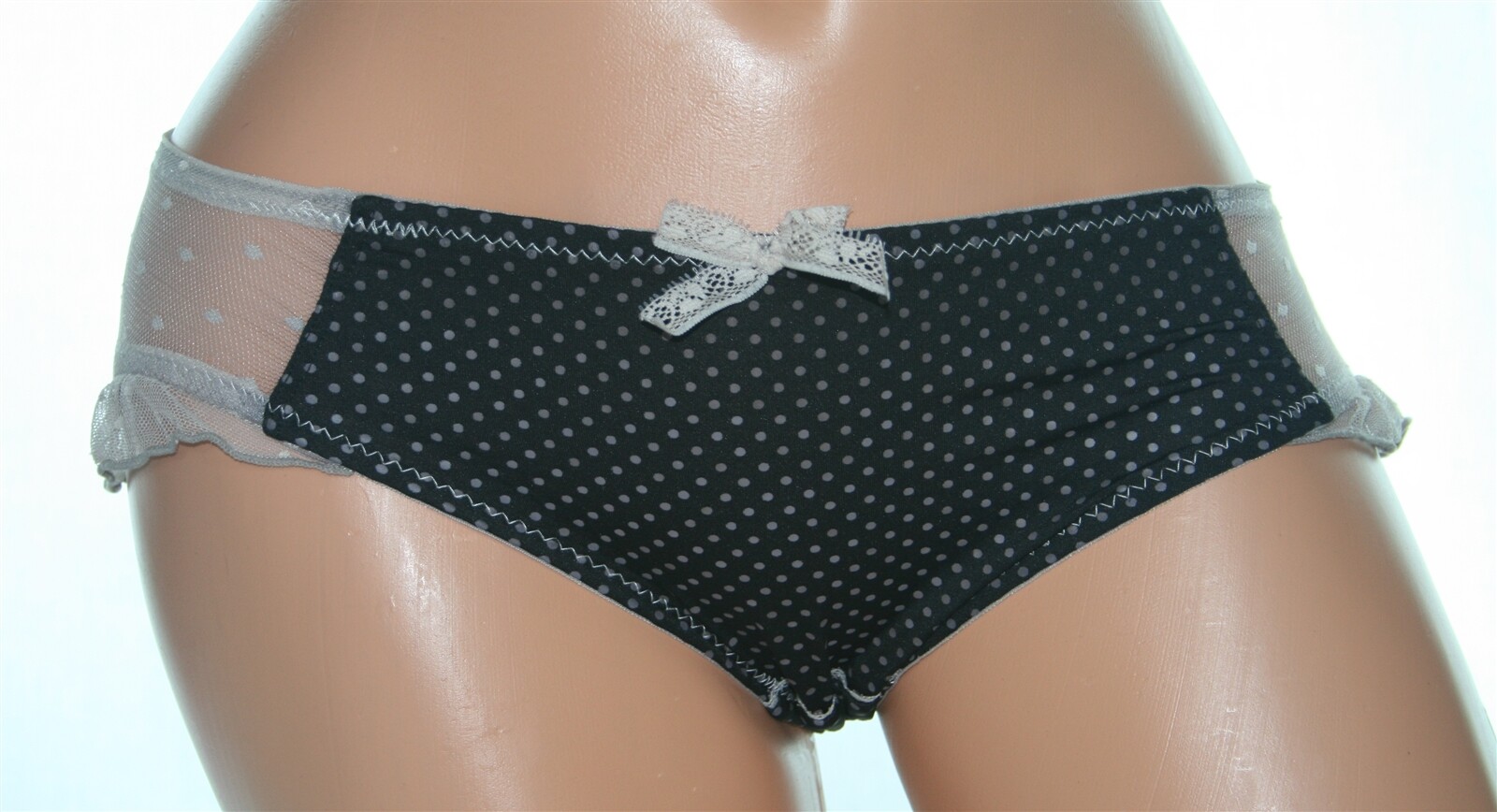 Black Bikini Panty with Polka Dots, Sheer Beige Panels and Back with Bow Size M