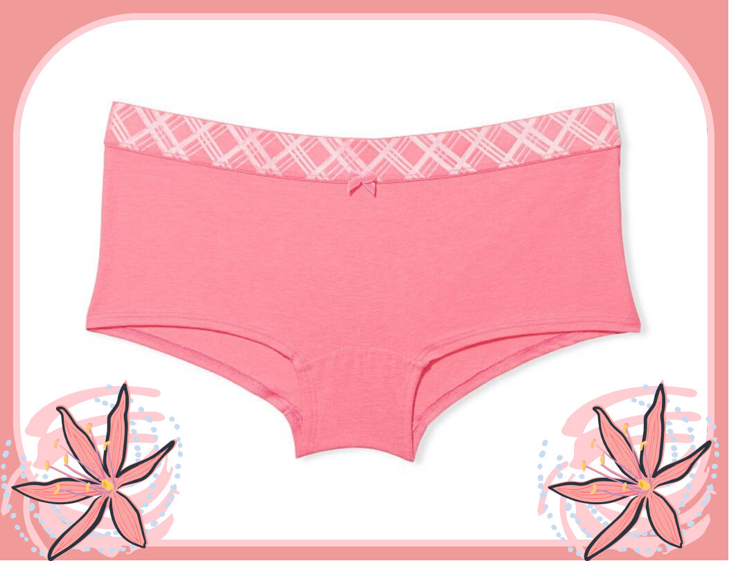 L Soft Coral Pink Cotton Victorias Secret Velvet Plaid Bow Waist Boyshort Panty