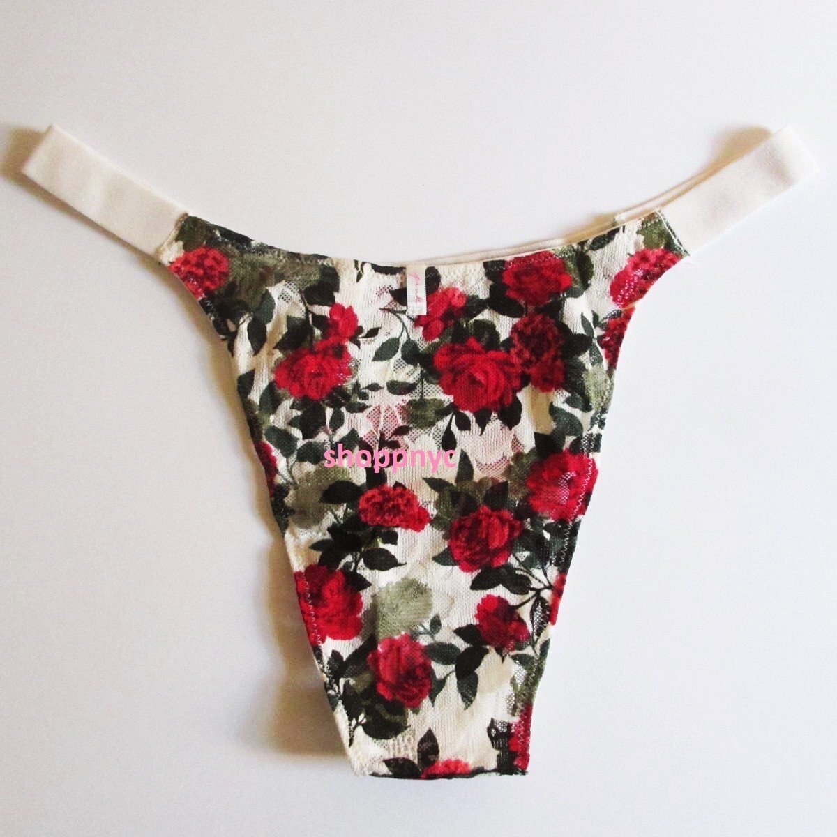 PINK VICTORIA’S SECRET Lace Brazilian Panty Size L White Red Floral Roses