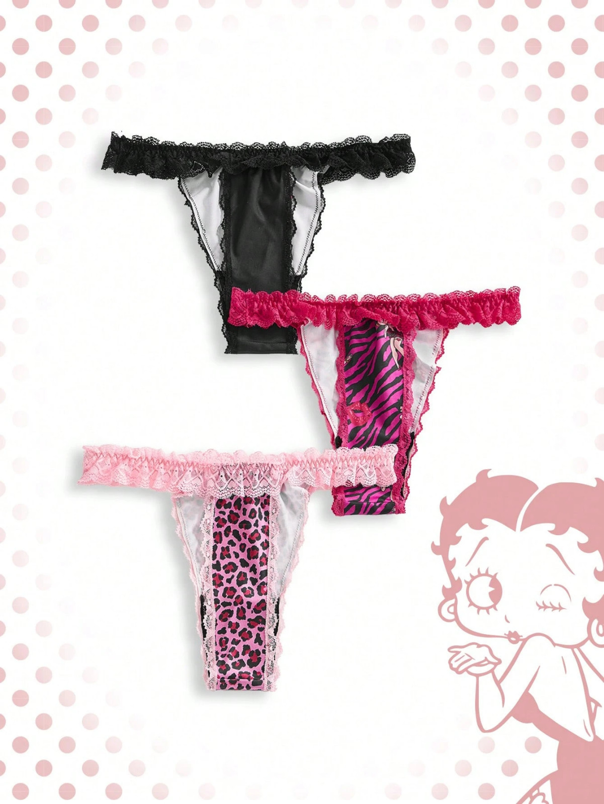 Betty Boop Lace Pink Animal Cute Cartoon Licensed Thong Panties – Pack of 3