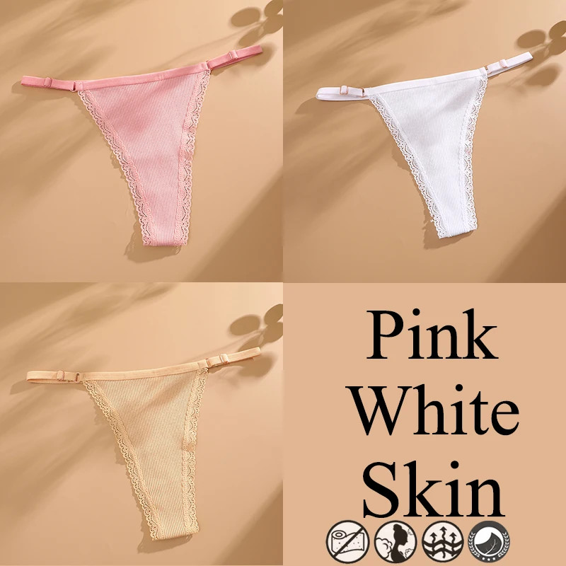 3pc Women Lace Thongs G-String Low Rise Panties Adjustable Waist Underwear