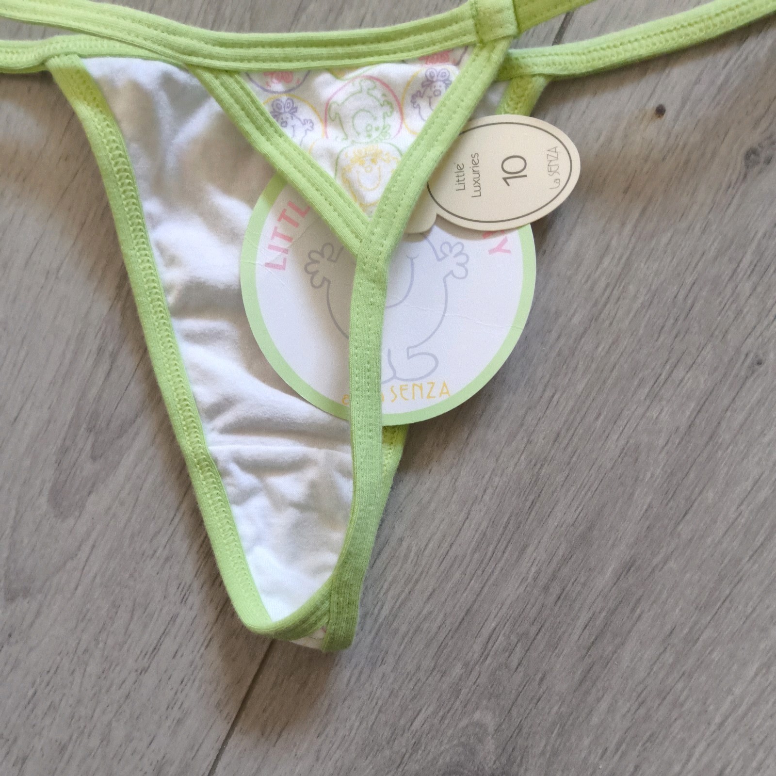 BNWT Vintage La Senza White & Green Little Miss Naughty Thong Size 6-8