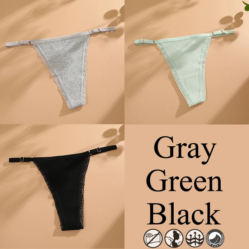 3pc Women Lace Thongs G-String Low Rise Panties Adjustable Waist Underwear