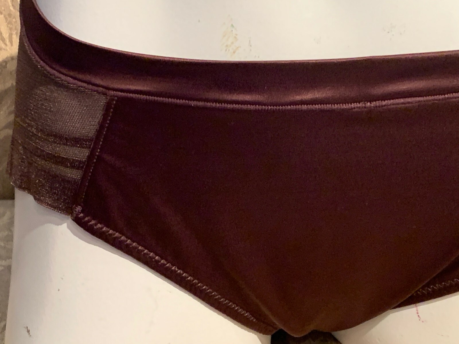 AMBRIELLE CHICKORY BROWN SATIN FRONT SHEER MESH BACK HICUT BRIEF PANTIES L 7