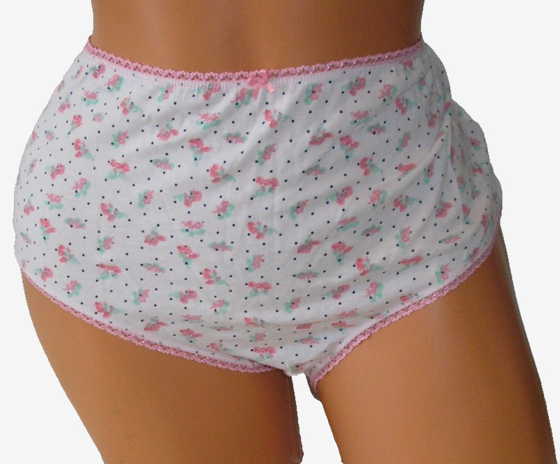 Panties Lingerie Floral Polka Dot Cotton White Briefs, Size 9 / 2XL