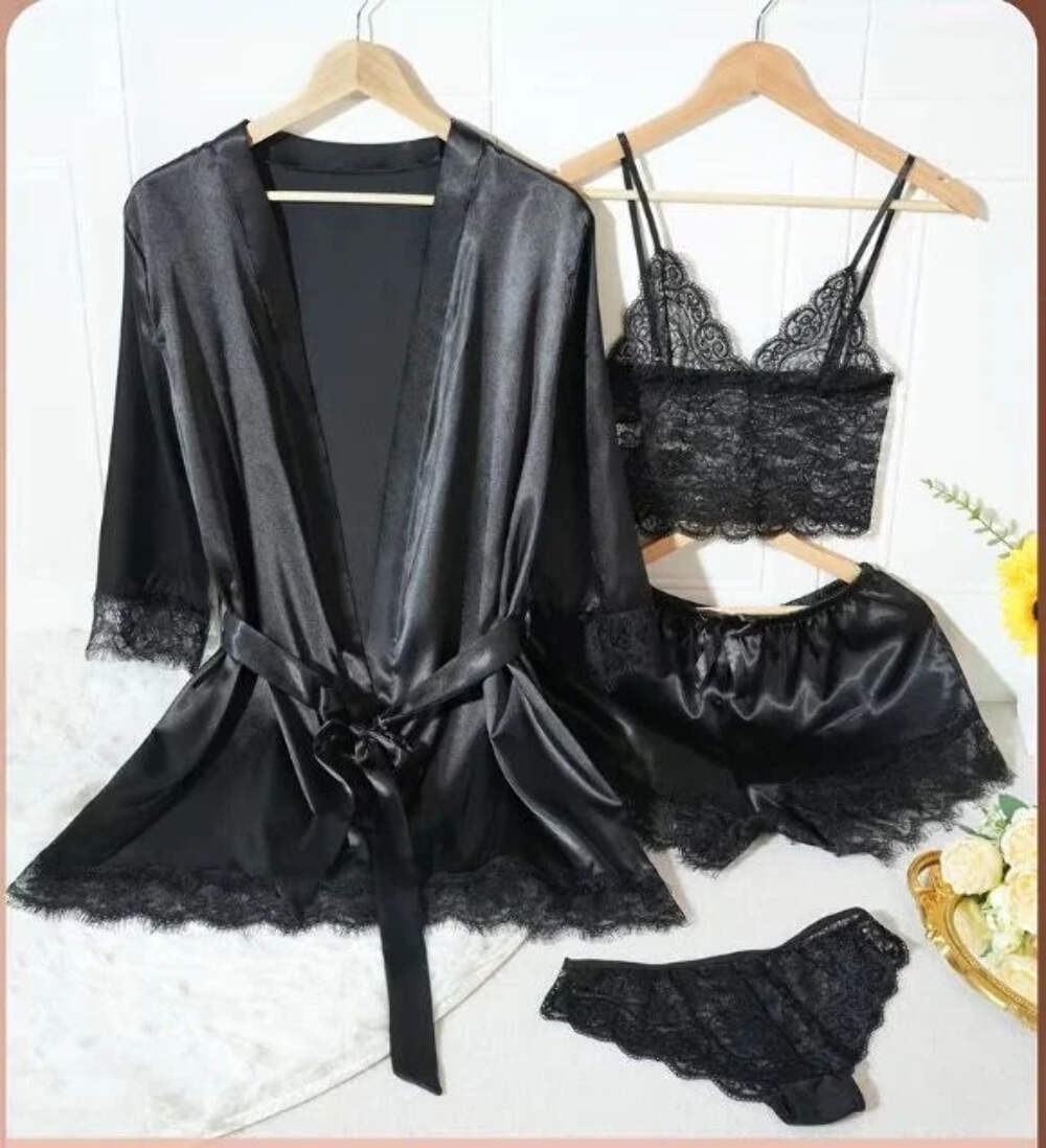 Silky feel black satin black lace trim 4 piece lingerie set size 16/18 (XL)