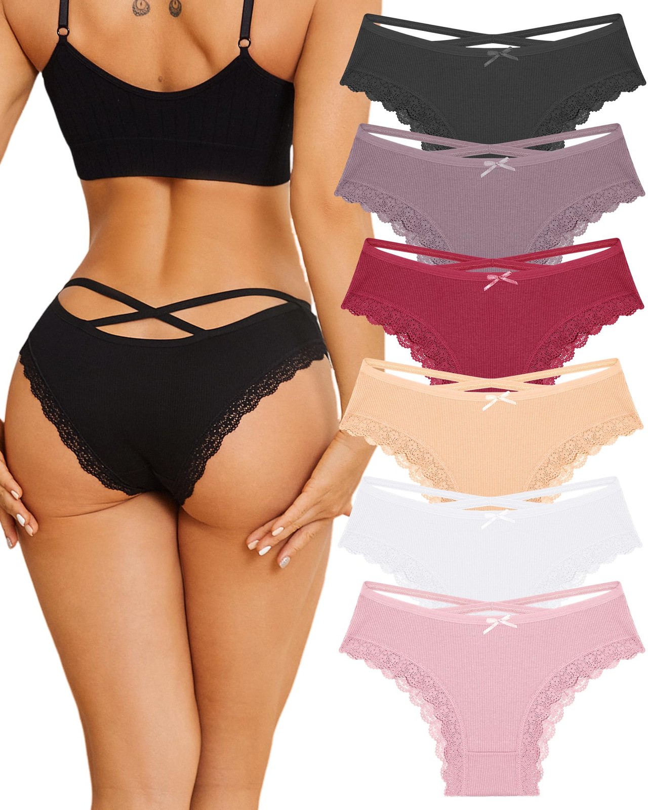 Women Cotton Underwear Sexy Criss Cross Lace Trim Low Rise Cheeky Bikini Pant…