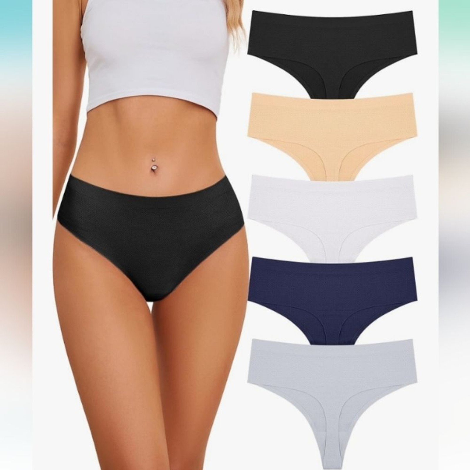 5 Pack Seamless Women’s Thongs – Black, Beige, White, Blue, Gray XSmall
