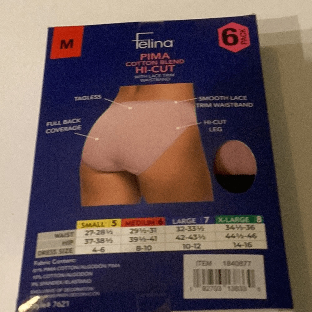 Felina 6 PACK Pima Cotton blend Hi-Cut with Lace Trim Waistband, Medium, NWT