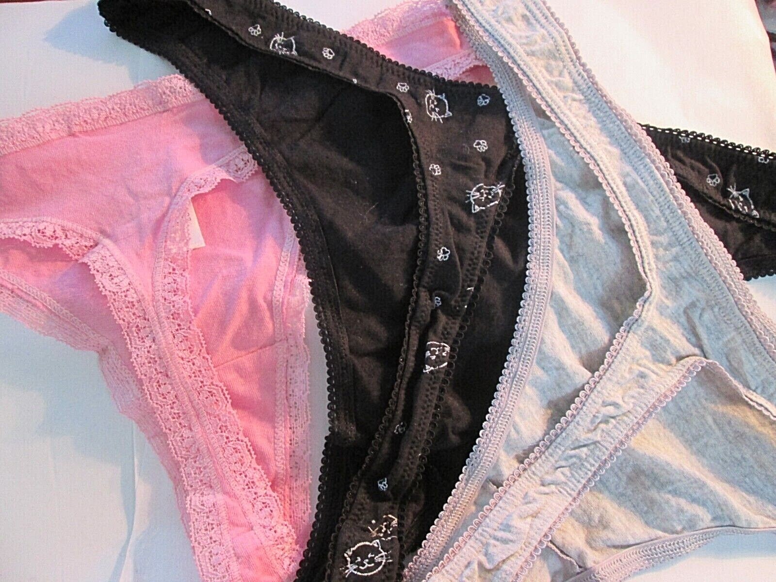 New 3 Cotton Thongs💙la Vie en Rose & H&M💙Size XL💙Black Cat Print, Gray & Pink